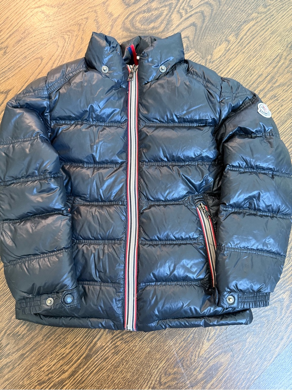Moncler Kids Navy Blue Puffer Jacket with Tricolor Trim